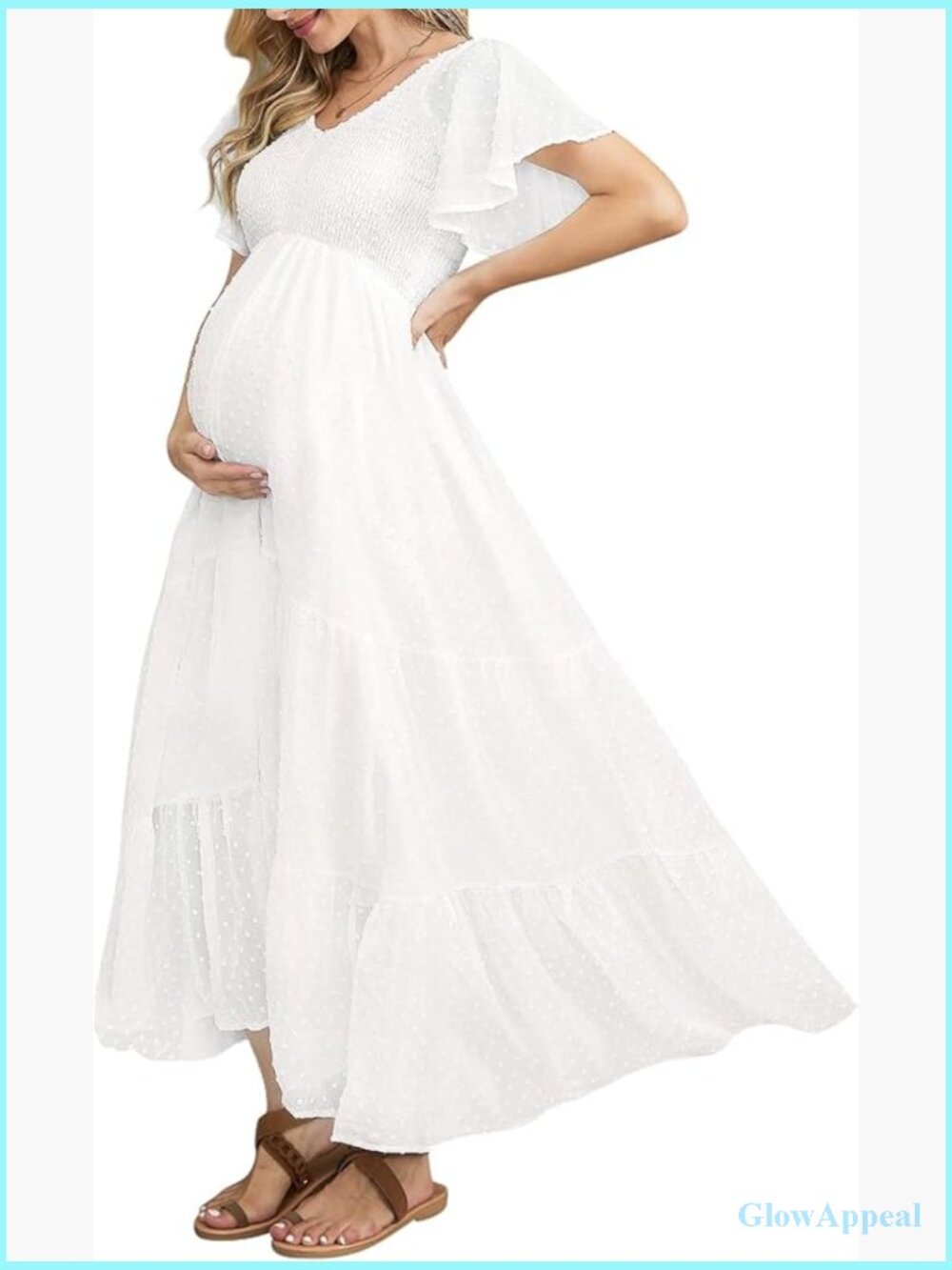 Swiss Dot Smocked Maternity Maxi Dress V Neck Ruffle Sleeve Boho
